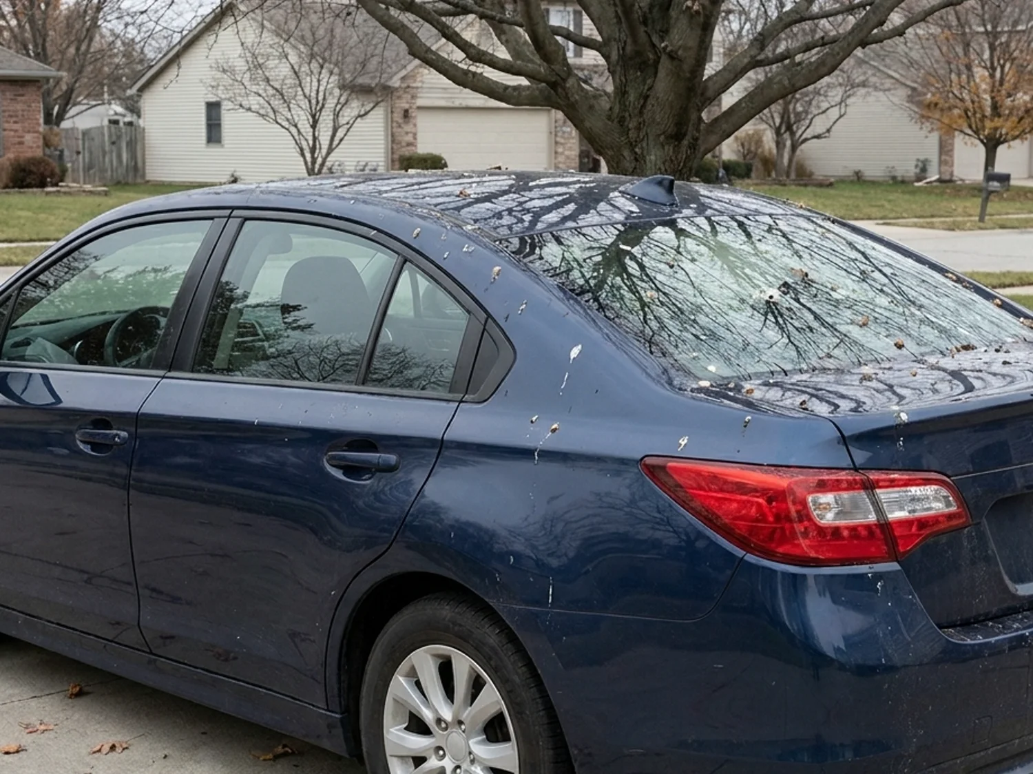 A dark sedan parked uncovered under a bare tree with sap spots and bird droppings across the roof and hood