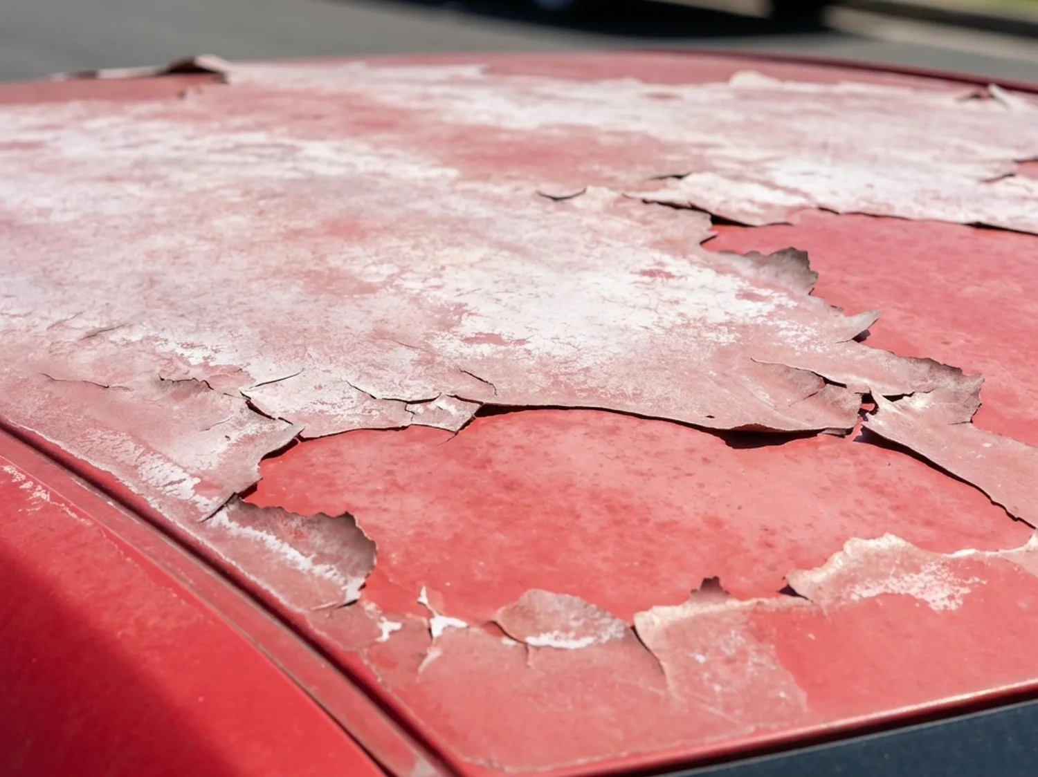 Macro of dull chalky clear coat flaking away in patches on a sun-damaged car roof panel