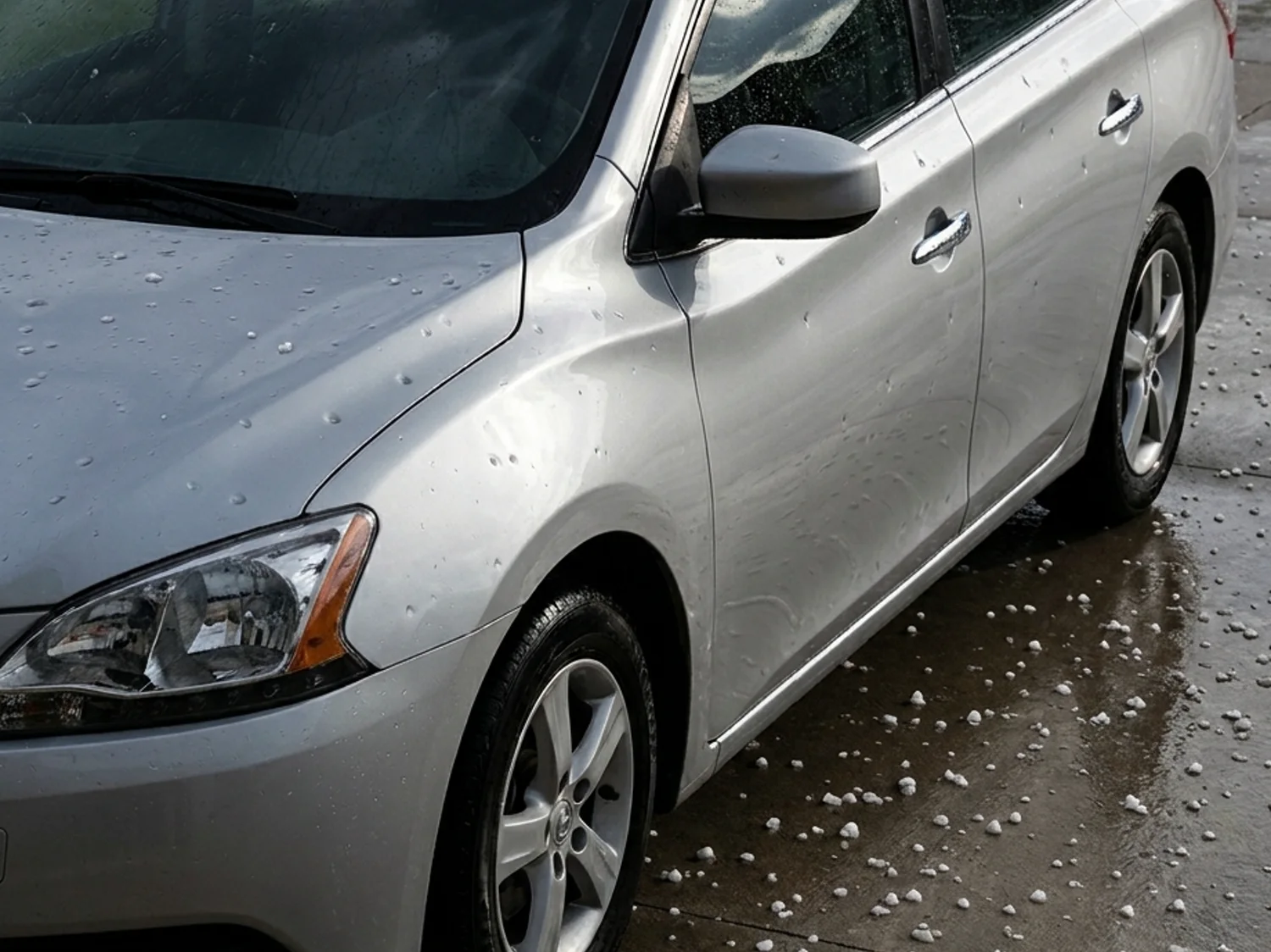 Hailstones on a wet driveway in front of an uncovered sedan with round dents in its hood
