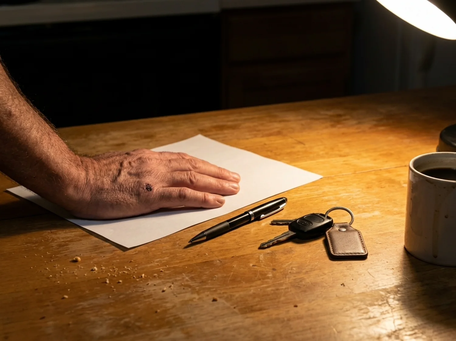 A repair estimate lying face down on a kitchen table beside car keys and a mug at night