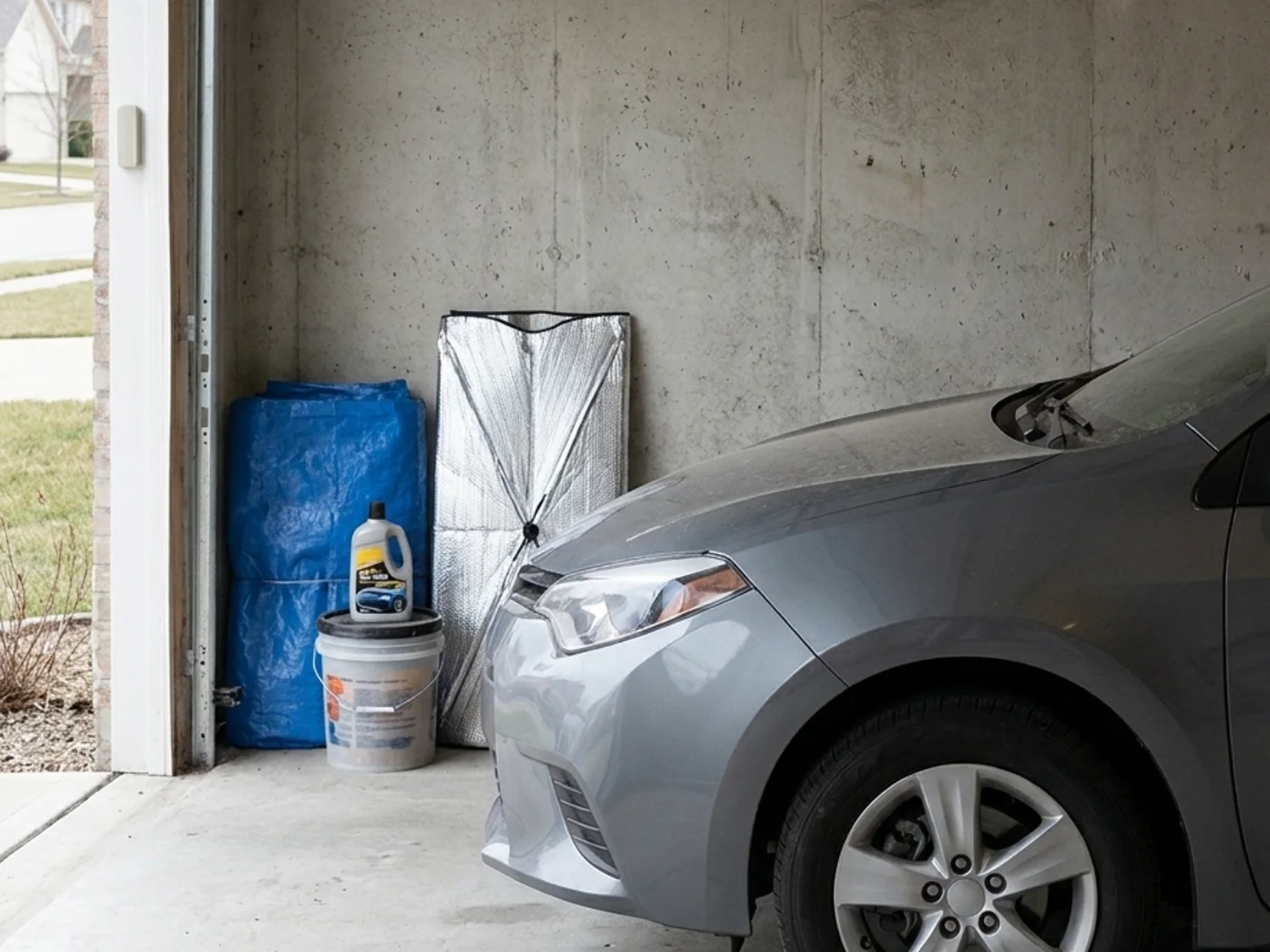 A folded blue tarp, a bottle of wax and a windshield shade stacked in the corner of a suburban garage