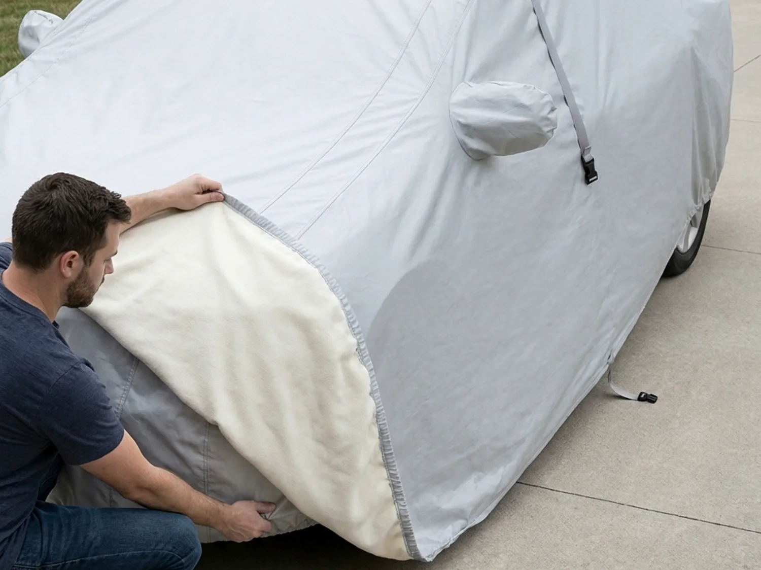 A man crouching on a driveway unfolding a silver-grey car cover with the cream fleece underside showing