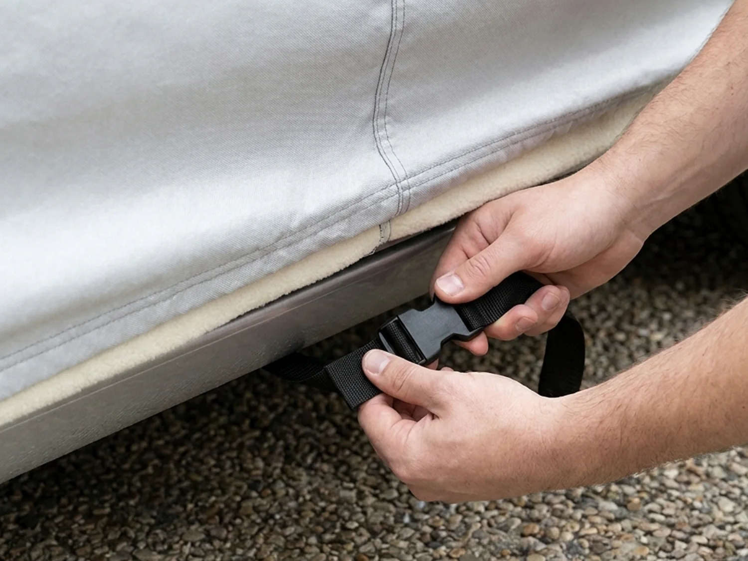 Two hands clipping the black buckle of the strap under the rocker panel of a covered sedan
