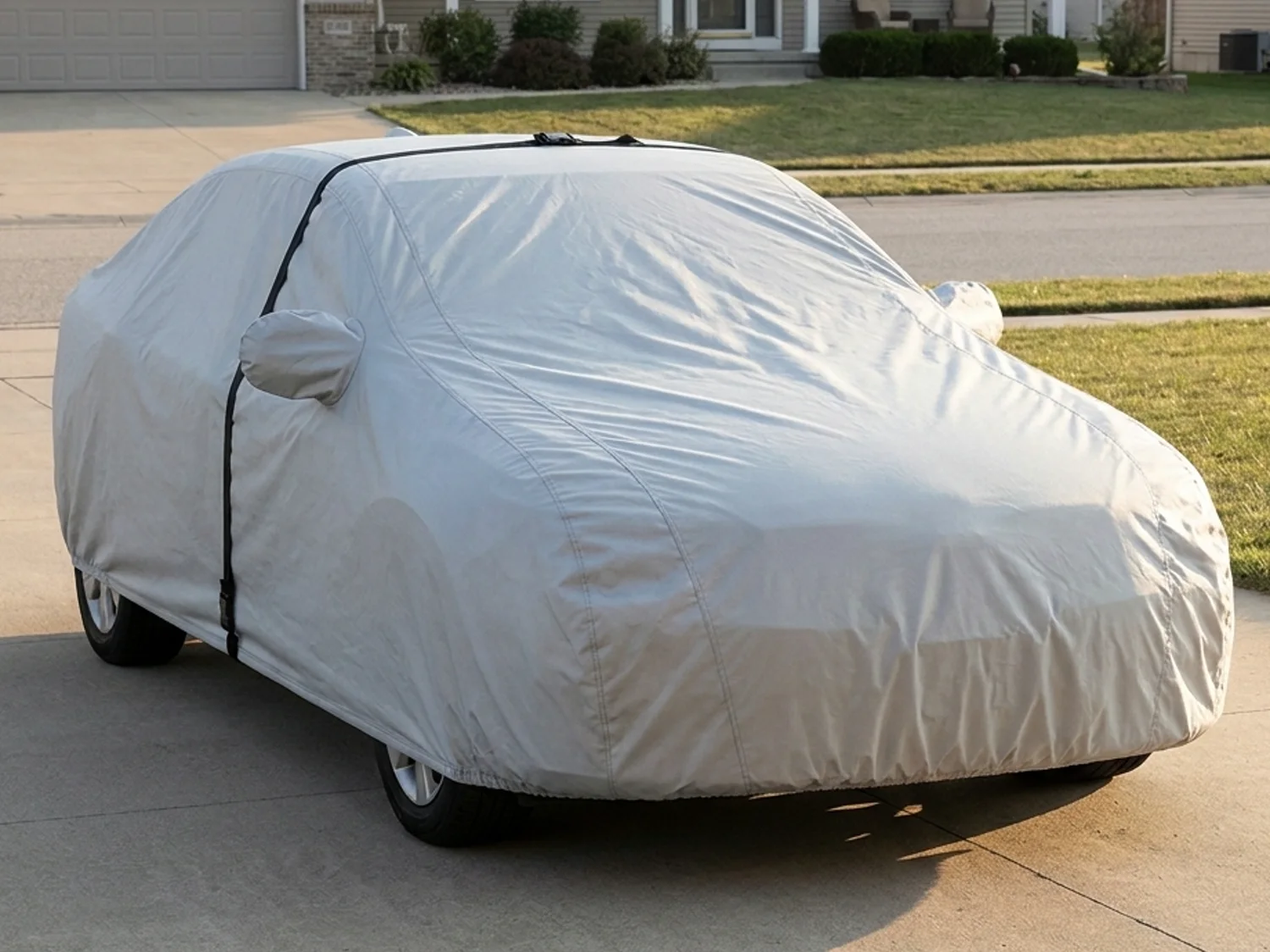 A covered sedan on a paved driveway in front of an ordinary house at golden hour