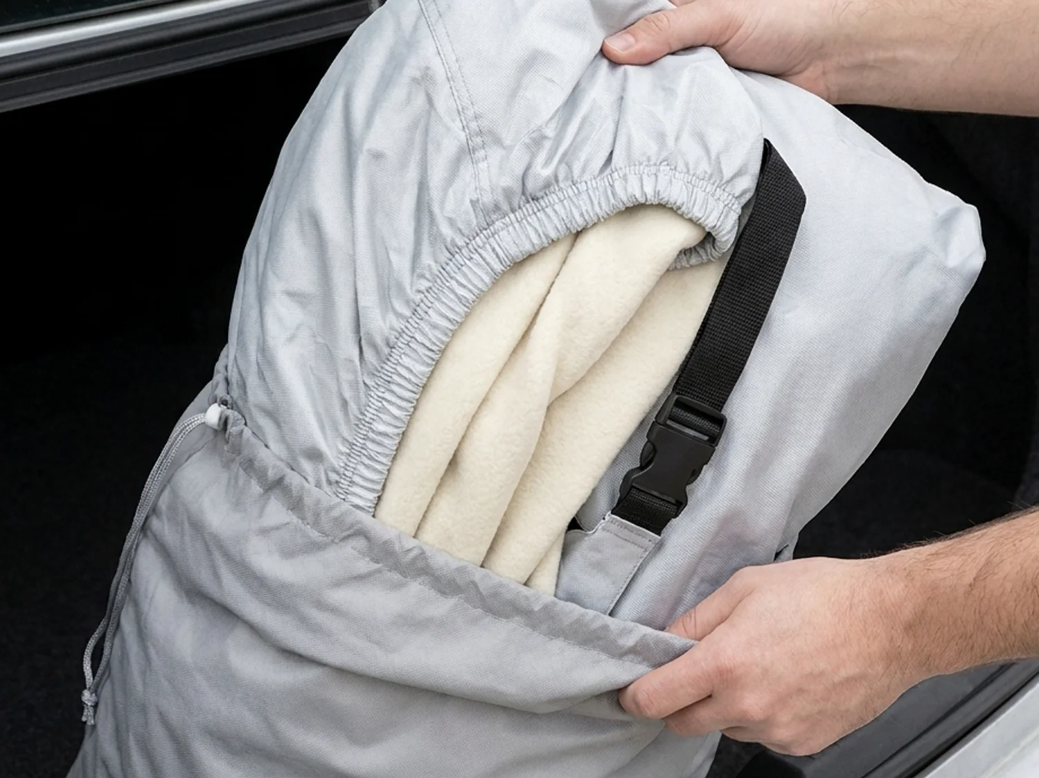 The folded cover being pushed into its grey drawstring storage bag in the open trunk of a sedan