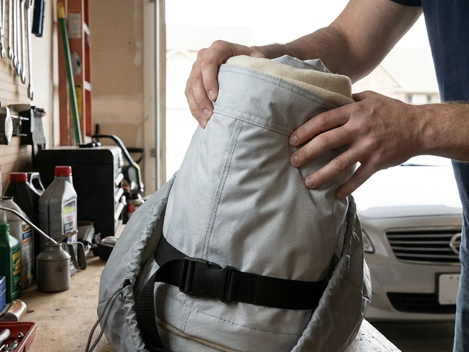Hands rolling the folded cover into its grey storage bag on a garage workbench