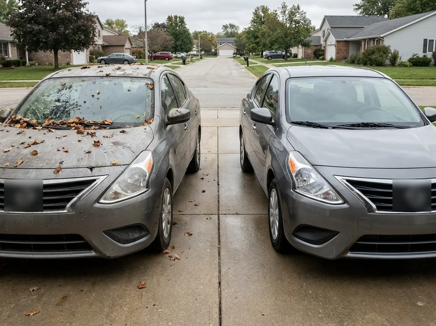 Two cars side by side on a driveway, one dull and covered in leaves and sap, the other clean and glossy