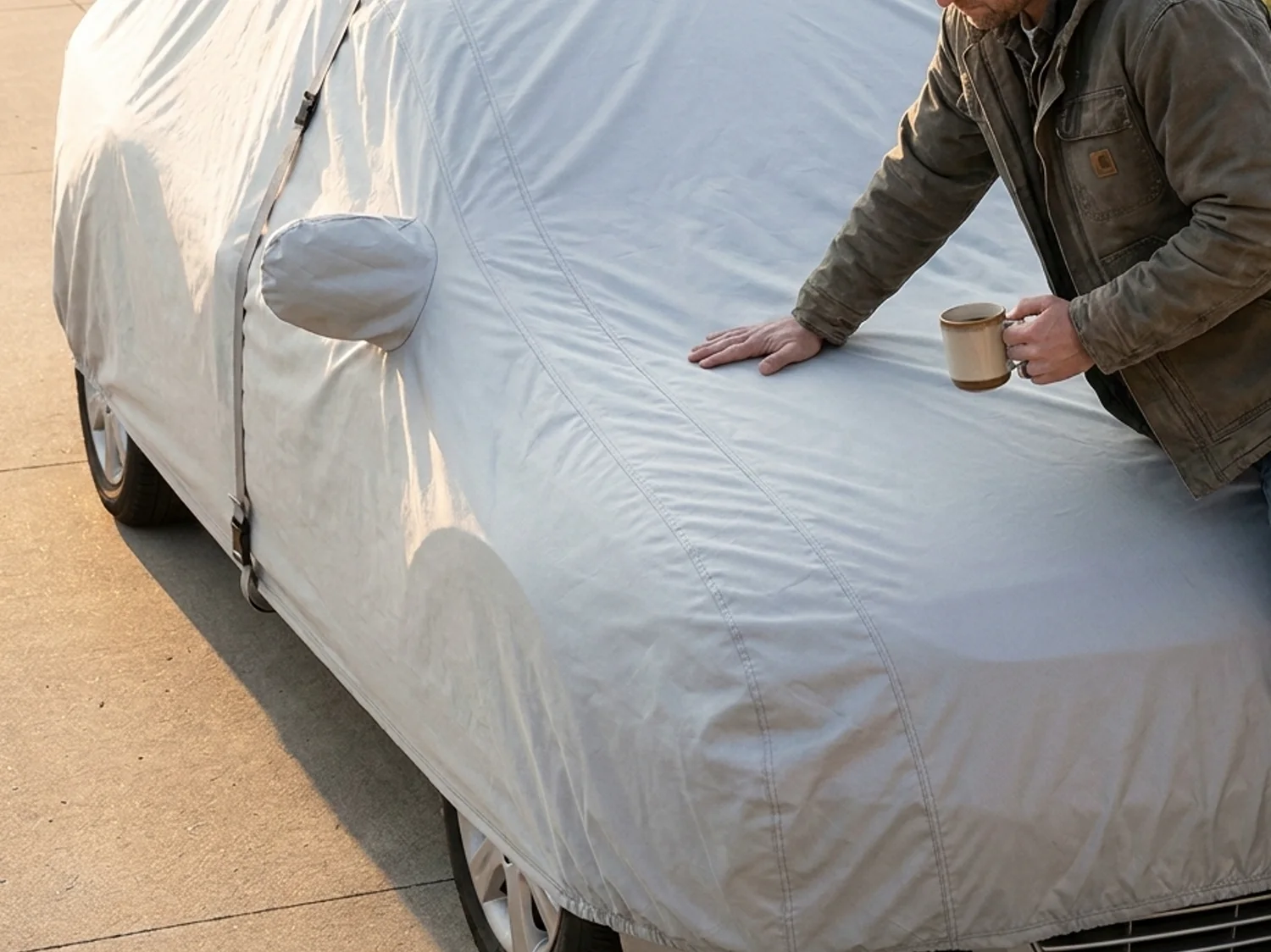 A man standing beside his covered sedan at sunrise with his hand resting on the cover